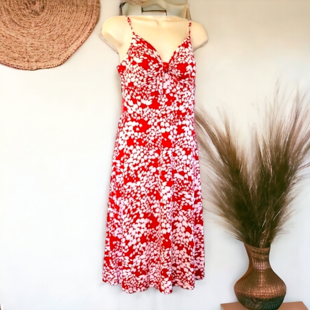 Red floral vintage 90s midi dress with built in bra and adjustable straps sz L